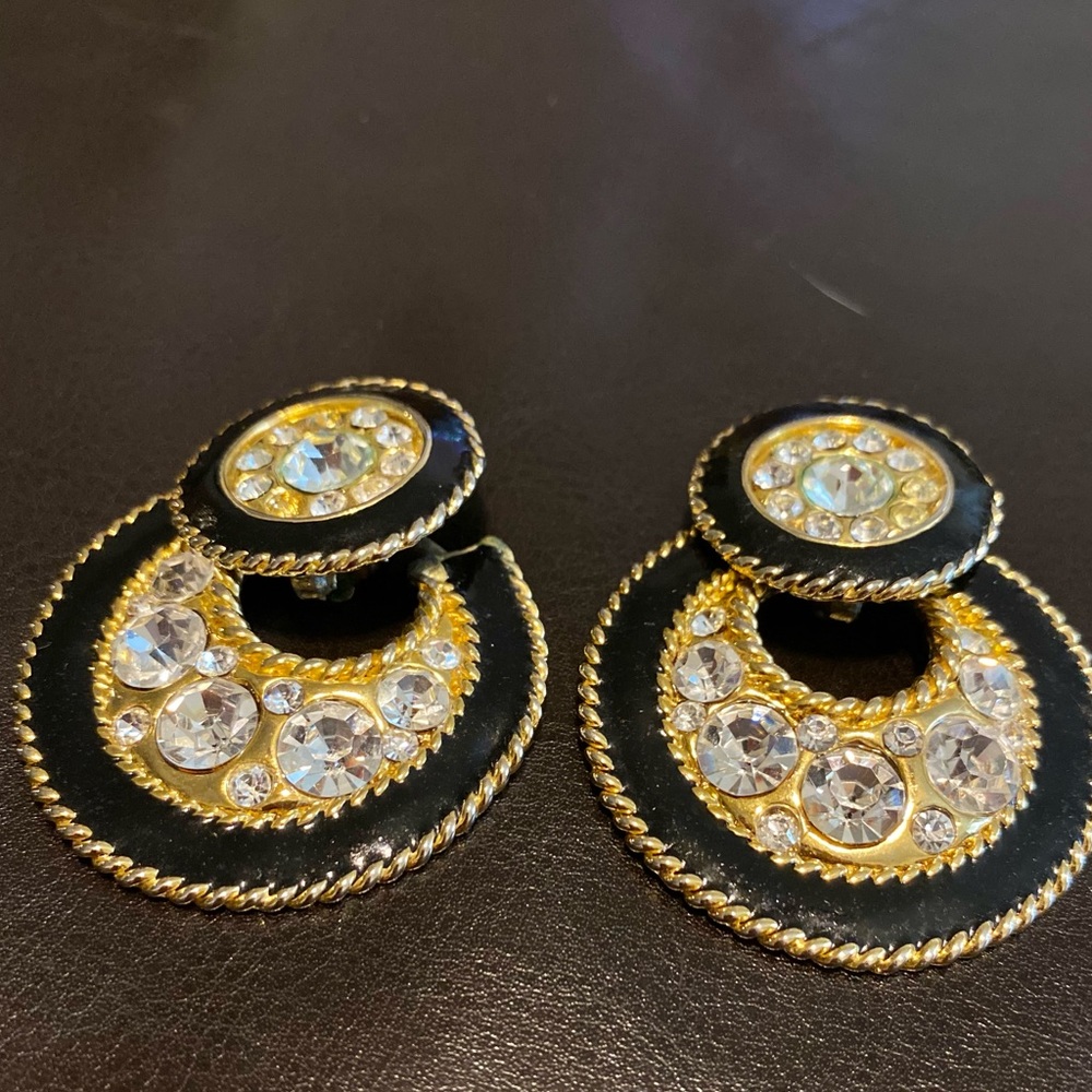 Clip On Black and Gold Earrings with Faux Diamonds